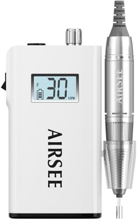 AIRSEE Rechargeable 30000RPM Electric Nail Drill Professional Portable E File Machine for Acrylic Nail Natural Extension Gel Nails Polish Cuticle, Cordless High Speed for Salon Home Use E8 White