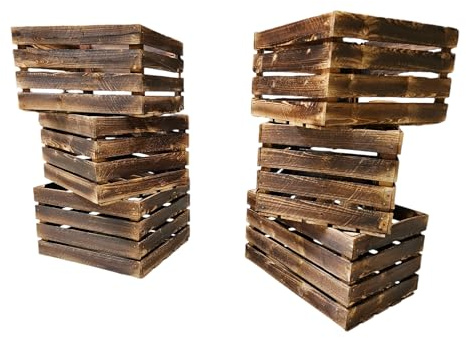 Teramico Alte geflammte Obstkisten / Holzkisten / Weinkisten -Ideal zum Möbelbau oder zur Aufbewahrung- Sehr massiv und stabil verarbeitet (6er Set)