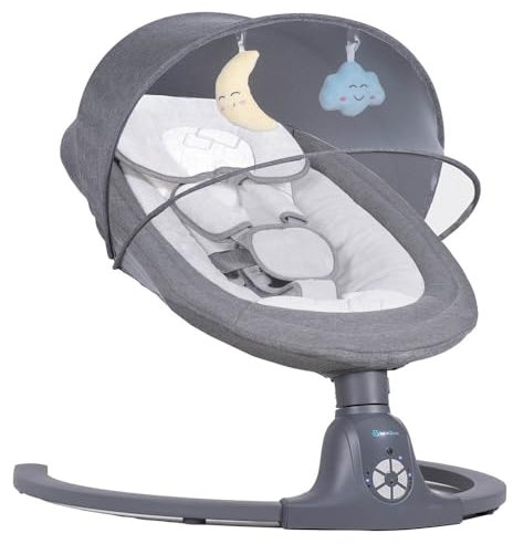 BEBE2LUXE AVA – Elektrische Babyschaukel/Babywippe, 5 Schaukelgeschwindigkeiten, Bluetooth, Musik, Timer, Fernbedienung, 5‑Punkt‑Gurt, bis 9 kg (beige) (grey)