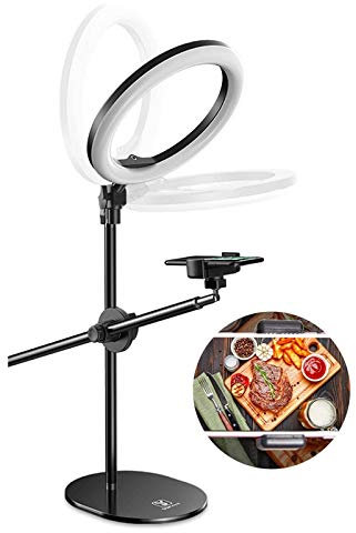 XUMI Anillo de luz de 10 Pulgadas con Soporte de Mesa para monopie y Soporte para Celular, Soporte en línea de enseñanza de Mesa para Hornear, Manualidades, caligrafía, Dibujo