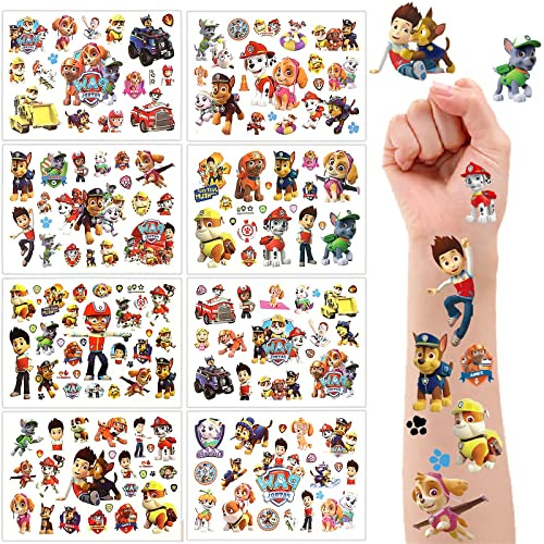 Paw Patrol Tattoo Set - 8 Blätter Temporäre Tattoos für Kinder, Wasserdichte Aufkleber Sticker für Jungen und Mädchen, Mitgebsel Kindergeburtstag Festival Party Deko