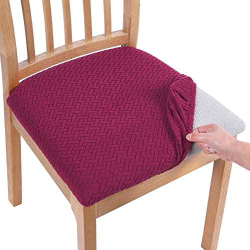 Homaxy Dining Chair Seat Covers Set of 6, Stretch Jacquard Dining Chair Slipcovers Seat Protector with Buckle for Dining Room Kitchen, Wine Red
