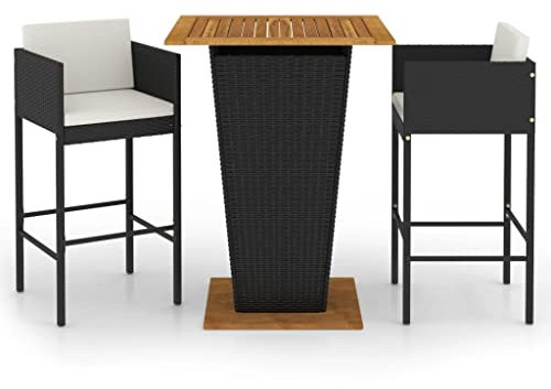 vidaXL Gartenbar Set 3-TLG. mit Kissen Theke Bar Tresen Gartentheke Bartisch Stehtisch Barhocker Barstuhl Gartenmöbel Poly Rattan Schwarz