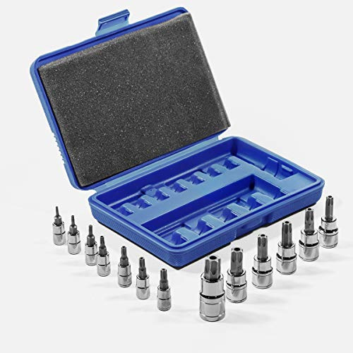 Stark - Juego de llaves de vaso Torx de seguridad de 13 piezas, rango de tamaños de unidad de 1/4 pulgadas, 3/8 pulgadas y 1/2 pulgada - T8-T60 con estuche de almacenamiento