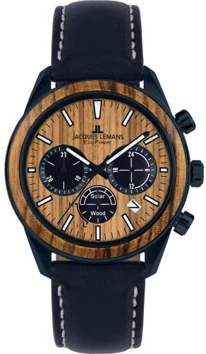 JACQUES LEMANS Holzuhr Herren, Solar Wood Herrenuhr - Model 1-2115N, Chronograph und Armband Blau beschichtet, Edelstahl mit Holzeinlage für Männer, Armbanduhr Holz Herren Holzuhren für Herren