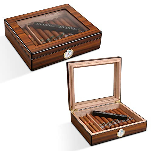 CIGARLOONG Zigarren Humidor aus Zedernholz mit Hygrometer und Luftbefeuchter für bis zu 20-25 Zigarren（M）
