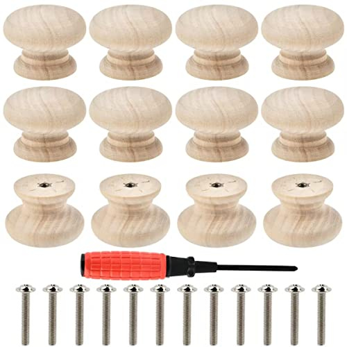 12PCS Round Wooden Knobs - Natural Drawer Knobs, 35x25mm for Furniture, Wardrobe, Cupboards