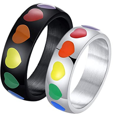 Whoiy Couple Ring Set, Promise Ring Paare Edelstahl 2 Stück 6mm Silber Schwarz LGBT-Ring mit Regenbogenherz-Emaille für Hochzeit Versprechen