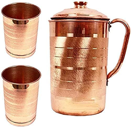 USA Deals 365 - Jarra de cobre puro Ayurveda tradicional con tapa a juego y 2 vasos a juego, jarra de cobre puro con 2 vasos de cobre para almacenar y beber agua (capacidad de 1 litro)