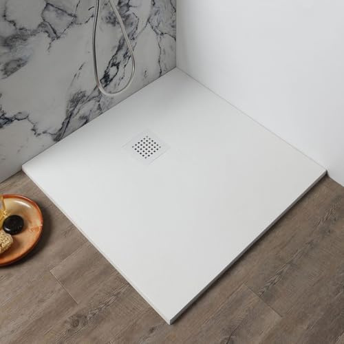 Kiamami Valentina Piatto Doccia 80x80 Cm Resina Bianco Effetto Pietra Muse | Spessore 2,5 cm, antiscivolo, antibatterico, tagliabile, copripiletta incluso, installazione filo pavimento