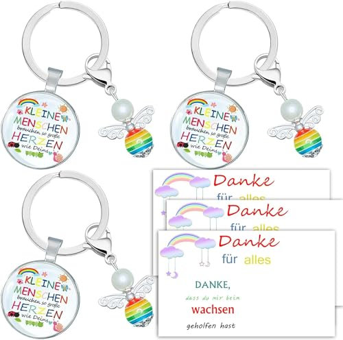 MKISHINE 3PC KLEINE MENSCHEN brauchen so große Herzen wie Deins Geschenk Abschied Erzieherin Tagesmutter Kita Kindergarten Perlenengel Schlüsselanhänger