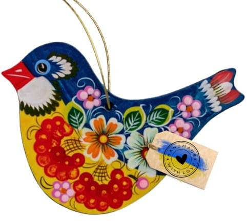 Vogel Christbaumschmuck oder Osterdekoration zum Aufhängen 11 x 8,3 x 0,5 aus Holz Bunt Handbemalt nach Ukrainischer Tradition