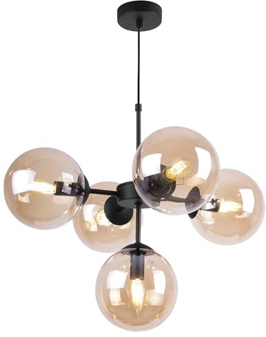 Light-Home Imperia Hängelampe - Deckenlampe für Wohnzimmer Schlafzimmer und Esszimmer- Pendelleuchte aus Metall und Glas - E14-5-Flammig - Schwarz Basis und Gold