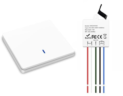 Interruttore senza fili della luce,Radiotrasmettitore a parete 433mhz e Controller Ricevitore RF a relè da 10A,facile installazione per lampade fino a 1500W,Mantieni gli interruttori tradizionali