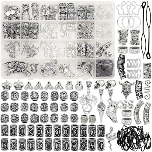 Fscwlmon 215 Pcs Viking Dreadlock Accessories Hair Charms Norse Runes Tube Beads Metal Clips Cuffs Rings Vikings Jewelry For Women Bracelets Pendant Necklace DIY Braid Accessories Silvery
