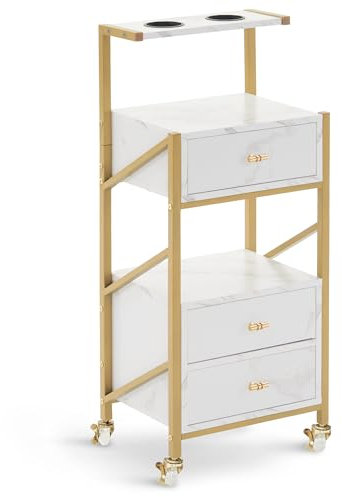 M MCombo Friseurwagen mit Rollen & 3 Schubladen, Rollwagen, Servierwagen, Salon Trolley mit 2 Ablagen & 2 Föhnhalter, Moderner Arbeitswagen für Bad Wohnzimmer, 30x40x97cm, 0048 (Weiß-Gold)