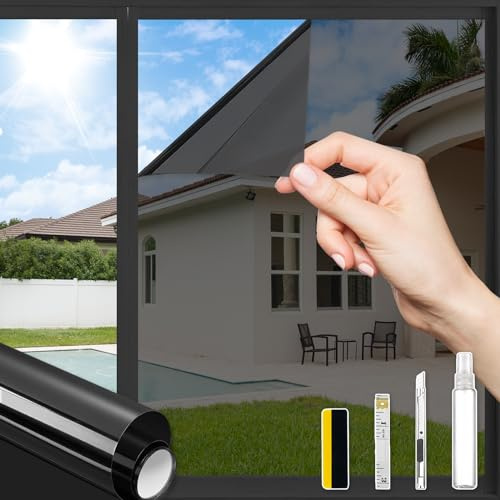 ConCus-T One Way Window Privacy Film with 4 Free Tools, Heat Control UV Blocking Window Tint for Home Static Cling Reflective Mirror Film, Black, 23.62 x 78.74