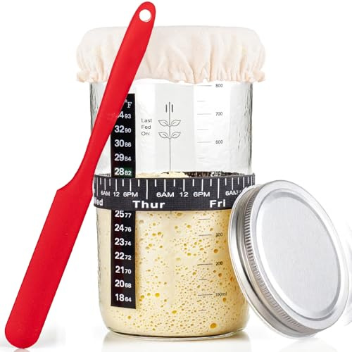 1000ml Sauerteig-Starter-Set, PITCH PULSE Sauerteigbehälter für die Herstellung von Brot mit Holzdeckel, Stoffabdeckung, Datumsmarkierung und Thermometerband