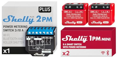 Shelly Plus 2PM | Wlan & Bluetooth 2 Kanäle Smart Relais Schalter mit Leistungsmessung & 1PM Mini Gen3 | WLAN- und Bluetooth-Smart-Switch-Relais