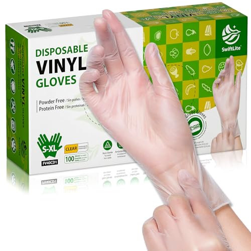SWIFTLITE Gants jetables en vinyle de qualité alimentaire, gants en plastique transparent sans poudre/latex pour la cuisine, le nettoyage de la maison, la préparation des aliments (100, taille M)