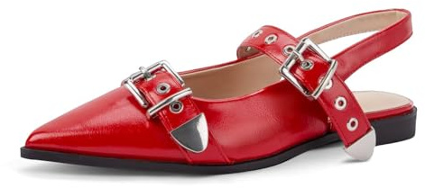 PODAIK Women's Buckle Ballet Flats Pointed Closed Toe Slingback Shoes with Low Heel Comfortable Dress Flats, Red, 4 UK