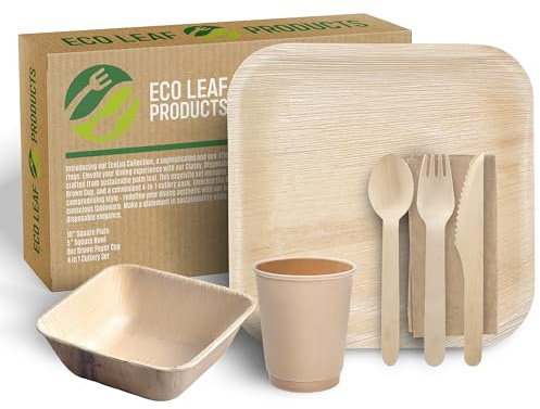 ECO Leaf 175 Pcs Disposable Palm Leaf Dinner Set | 25 X 10 Square Plates, 5 Square Bowls, 8oz Bamboo Paper Cups, Wooden Cutlery Set | Eco-Friendly Heavy-Duty Bundle for Wedding, Party, Picnic