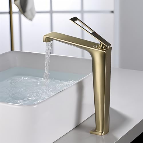 SJQKA Wasserhahn Bad Wasserfall, Waschtischcharme Wasserfall, Aufgerüstet, Design, Messing (gold gebürstet, Hoch)