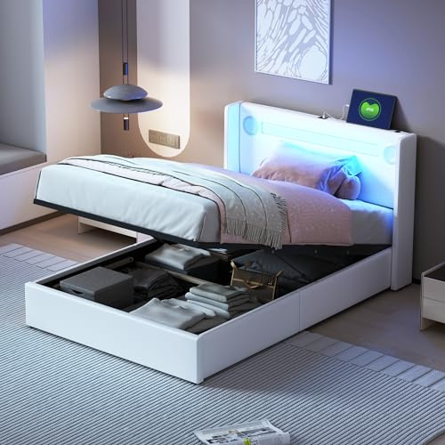 Polsterbett Einzelbett 90x200, Bett mit Stauraum&Lattenrost, LED Kopfteil mit USB-Aufladung&Bluetooth-Player, Hydraulisch Stauraumbett Funktionsbett Jugendbett Bettgestell, PU, Ohne Matratze, Weiß