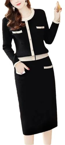Completo elegante da donna in maglia, stile vintage, 2 pezzi, con maglione girocollo e gonna midi, Nero , XXL