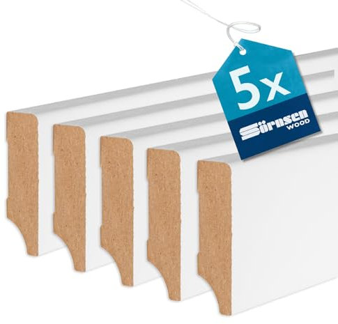 Sörnsen Wood Sockelleiste MDF – 16x58x2440 mm, 5 Stück hochwertige wasserbeständige Fußleisten mit eckigem Weimarer Profil – weiß RAL 9016 lackiert und damit extra langlebig