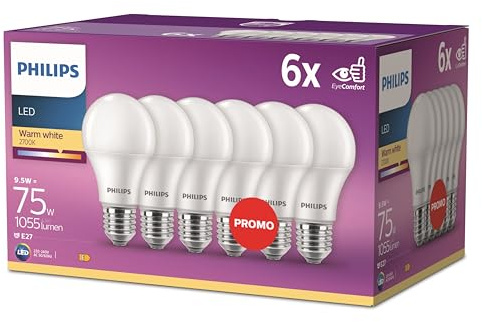Philips LED Lampadina Goccia, Plastica, Smerigliata, Attacco E27, equivalente a 75W, Luce Bianca Calda 2700K, confezione da 6