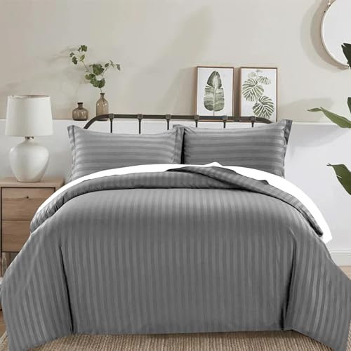 PRIME LINENS 4 Piece Duvet Cover Set Stripes Satin Quilt Cover Bedding Set with Pillowcase and Extra Fitted Sheet Included Machine Wash Hotel Quality (Grey, Double)
