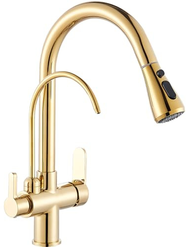 Saeuwtowy Grifo de Cocina 3 Vías Ósmosis, Grifo de Cocina para Osmosis con 2 Palancas, Grifo Osmosis Fregadero Giratorio a 360°, Ducha Extraíble, Acero Inoxidable Oro