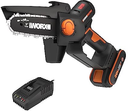 Worx WG325E 20V 12cm Cordless Brushless Mini Chainsaw – Lightweight, One-Handed Pruning Saw with Auto Chain Lubrication, Tool-Free Tensioning, Safety Guard & 2.0Ah Battery + Charger