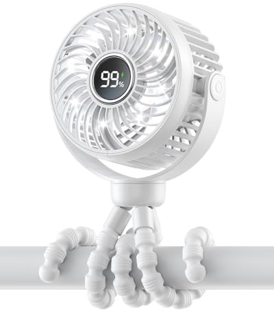 Bearwind - Mini ventilador portátil para cochecito, ventilador con clip recargable para cochecito, pantalla digital y luz nocturna, 4 velocidades, trípode flexible de 360° de enfriamiento para