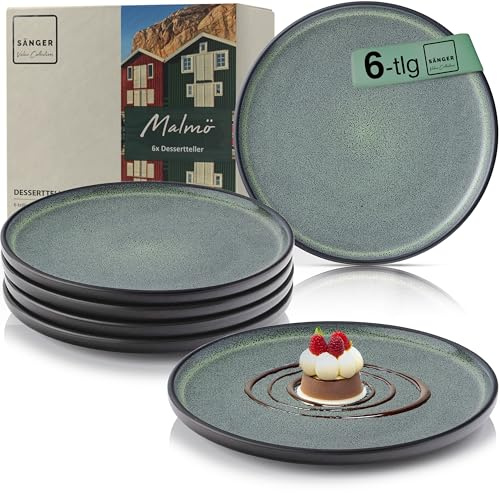 SÄNGER Malmö | Dessertteller 6 teilig, Steingut Teller Set 6 Personen, Kuchenteller - spülmaschinenfest mikrowellenfest multifunktional - Steingut Geschirr grün mit schwarzem Rand | VALUE COLLECTION