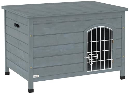 PawHut Hundehütte Hundehaus mit Tür Hundebox Gitterbox TransportKäfig für Katzen Hasen Outdoor wasserdicht Dunkelgrau Tanne 80 x 55 x 53,5 cm