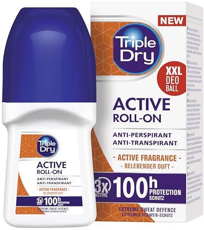 Triple Dry Anti-traspirante Roll-On Active | Deodorante roller contro forte sudorazione | Deodorante antibatterico per protezione 100 h | senza profumo | per donne e uomini | 50 ml