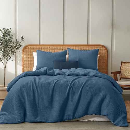Dreamzie - Påslakan i bomullsgaze 155x220 cm, Blå, med 2 örngott 80x80 cm, Sängset 155x220 Mjuk och ventilerande bomull - Oeko-Tex Certified Sänglinne