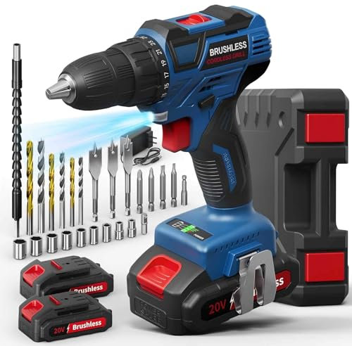 20V Taladro Atornillador Batería, Taladro Bateria Brushless, Atornillador Electrico 2 Baterías 2.0Ah y Accesorios 25 Piezas, 60Nm Máx, 25+1 Ajuste de Par, 2 Velocidad, Portabrocas de 10mm, LED Luz