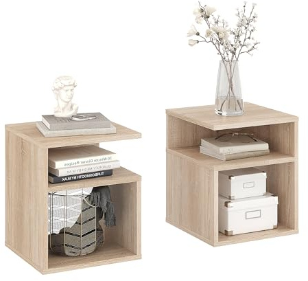 KOMTO Nachttisch 2er Set Sonoma Eiche – Nachtschrank, Beistelltisch mit 2 offene Fächer, Nachtischschränke für Schlafzimmer, Wohnzimmer | Bedside Table KABA 35 x 35 x 41,5 cm