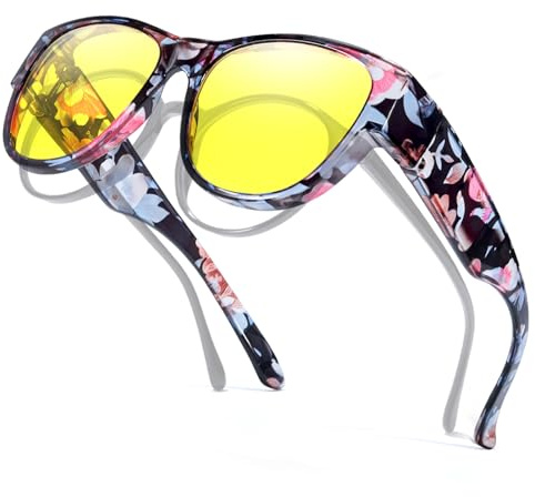 TJUTR Night Driving Glasses for Women, Anti Glare Fit Over Prescription Glasses with Yellow Tinted Polarised Lenses & UV Protection for Nighttime Driving