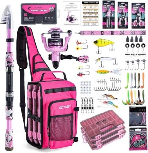 Goture Angeltasche mit 3 Köderbox Angeln - Komplettset mit Angelrute, Rolle, Köder Set, Werkzeug (Zange, Griff, Schere) & Köderset für Salz- und Süßwasserfischen
