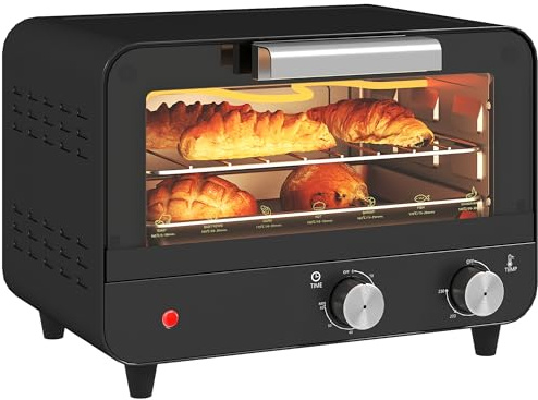 HOMCOM Small Toaster Oven, 12L Multifunction Mini Countertop Oven with Glass Door, Adjustable Temperature and Timer, Accessory Included, 750W, Black