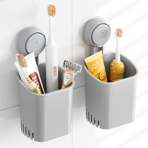 TAILI Saugnapf Zahnbürstenhalter Wand, ohne Bohren, Grau, Plastik, 2er Set | Werkzeuglos, 1s montiert, hält 3 kg, hohle Abläufe zum Trocknen, abnehmbar, wiederverwendbar für Mieter, Fliesen/Glas/Spiegel