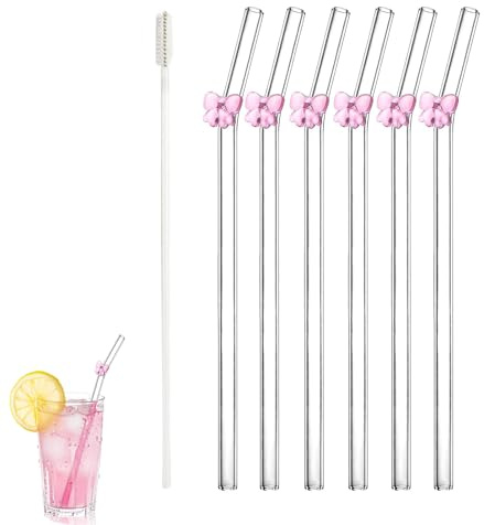 Rainway 6 cannucce in vetro borosilicato, riutilizzabili fino a 400 °C, 203 x 8 mm, con spazzola per la pulizia, cannuccia in vetro Clean Girl Aesthetic per frullati e succhi di frutta