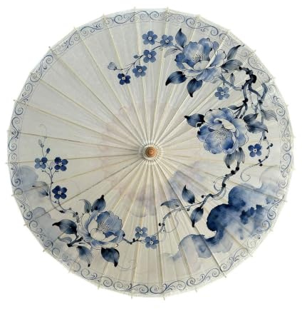 Odot Sombrilla de Bambú Chino Paraguas de Papel (Porcelana azul blanca,84cm)