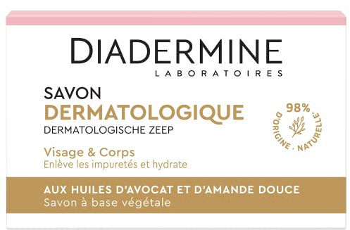 Diadermine - Savon dermatologique aux extraits hydratants d'amande douce et avocat - Visage et Corps - Nettoie et protège la peau du dessèchement - La boîte de 100g