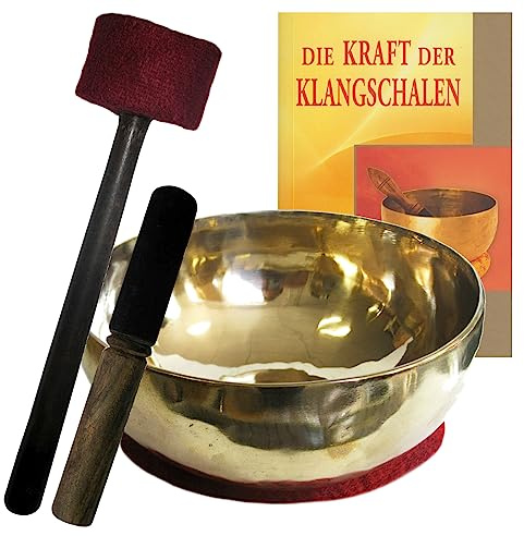 Klangschale Sangha Gold poliert 1750-2000g Handarbeit (Nepal) 5-tlg Set mit BUCH + Kissen + 2 x Klöppel (Reibe- & Therapieklöppel). 70074