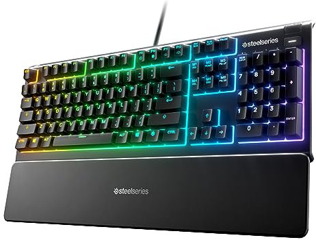 SteelSeries Apex 3 RGB Gaming Tastatur 10-Zonen RGB Beleuchtung IP32 Wasserabweisend Premium Magnetische Handgelenkauflage 64812 flüsterleise fühlbar & geräuschlos